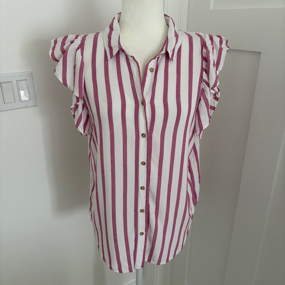 Maeve Tops - Maeve Anthropologie Striped Ruffle Sleeve Blouse Pink White Button Front M*U25